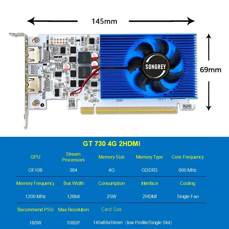 Placa Video SONGREY GT730 4GB DDR3 cu 2 HDMI pentru Desktop