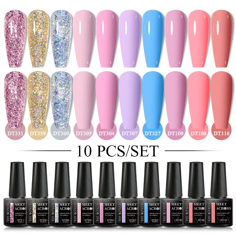 Set 10 Piese Oja Gel Semi Permanent Nude Roz Alb Glitter