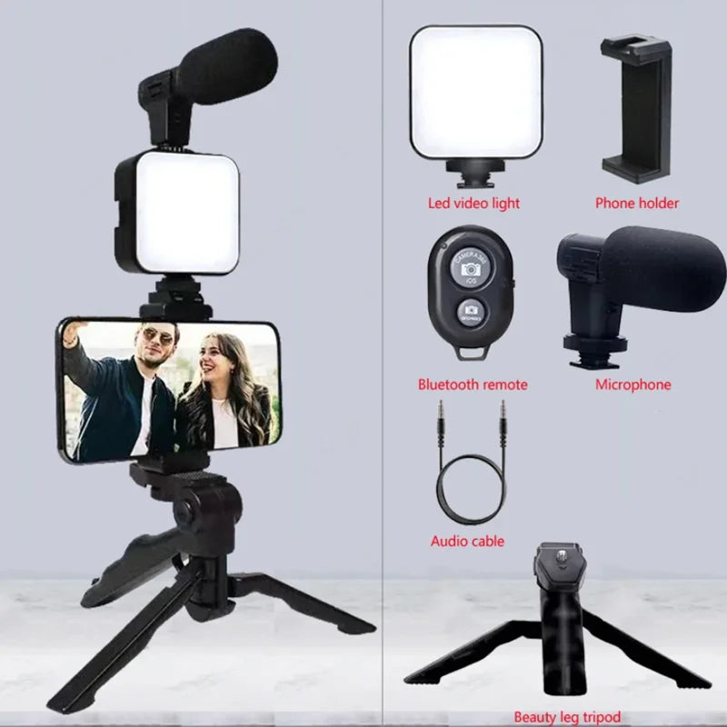 Kit de Vlogging pentru Smartphone BSLIUFANG - Trepied, Microfon & Lumină LED