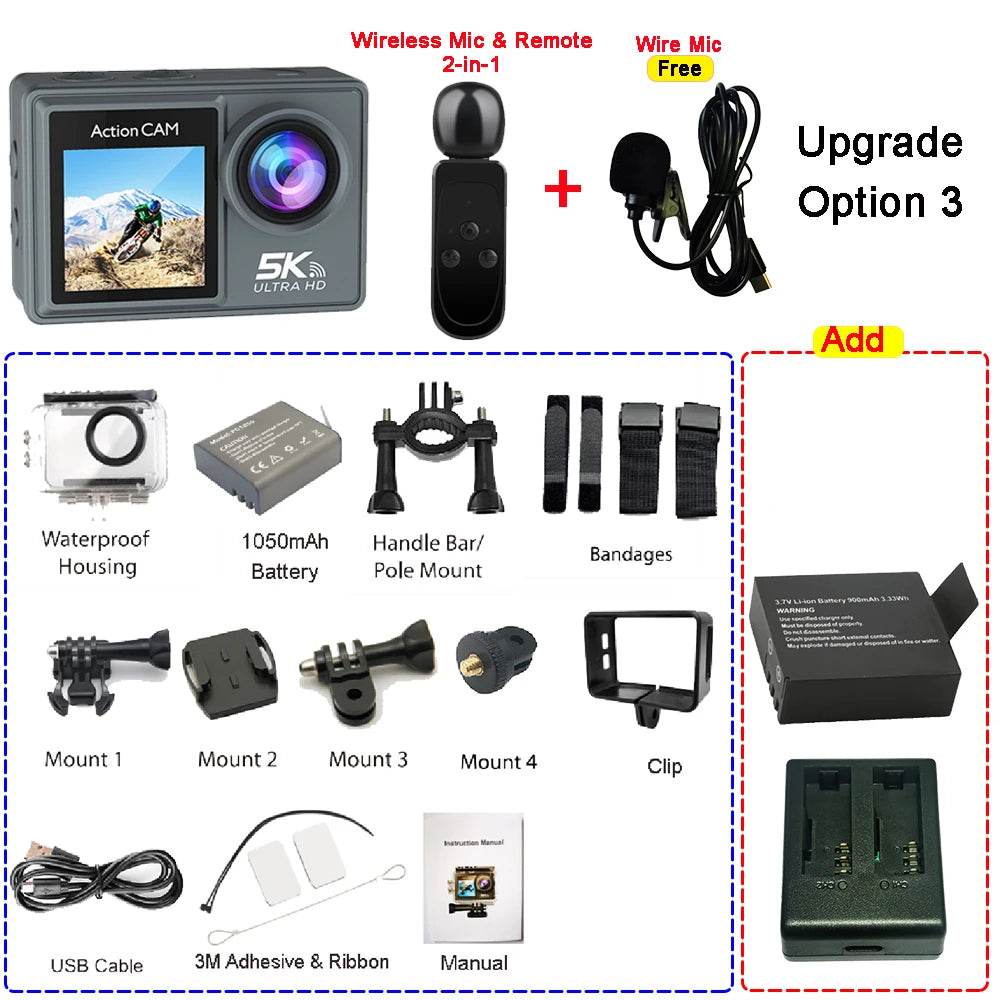 Cameră de Acțiune 5K 4K60FPS cu Ecran IPS Touch LCD și Microfon - Venduqo