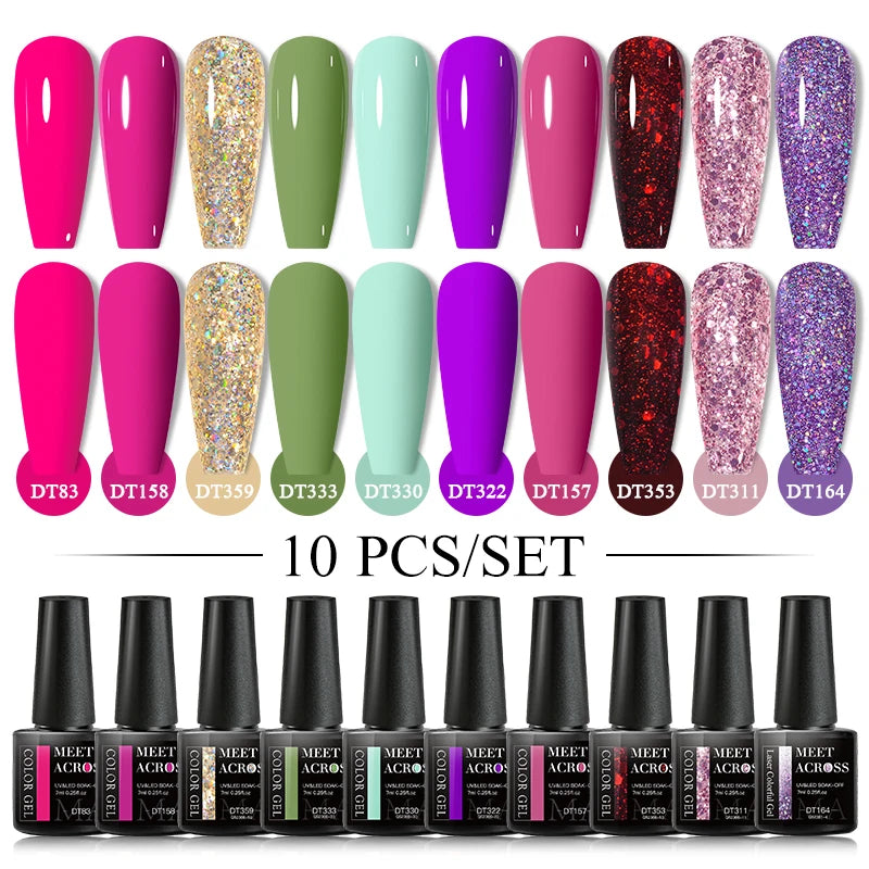 Set 10 Piese Oja Gel Semi Permanent Nude Roz Alb Glitter