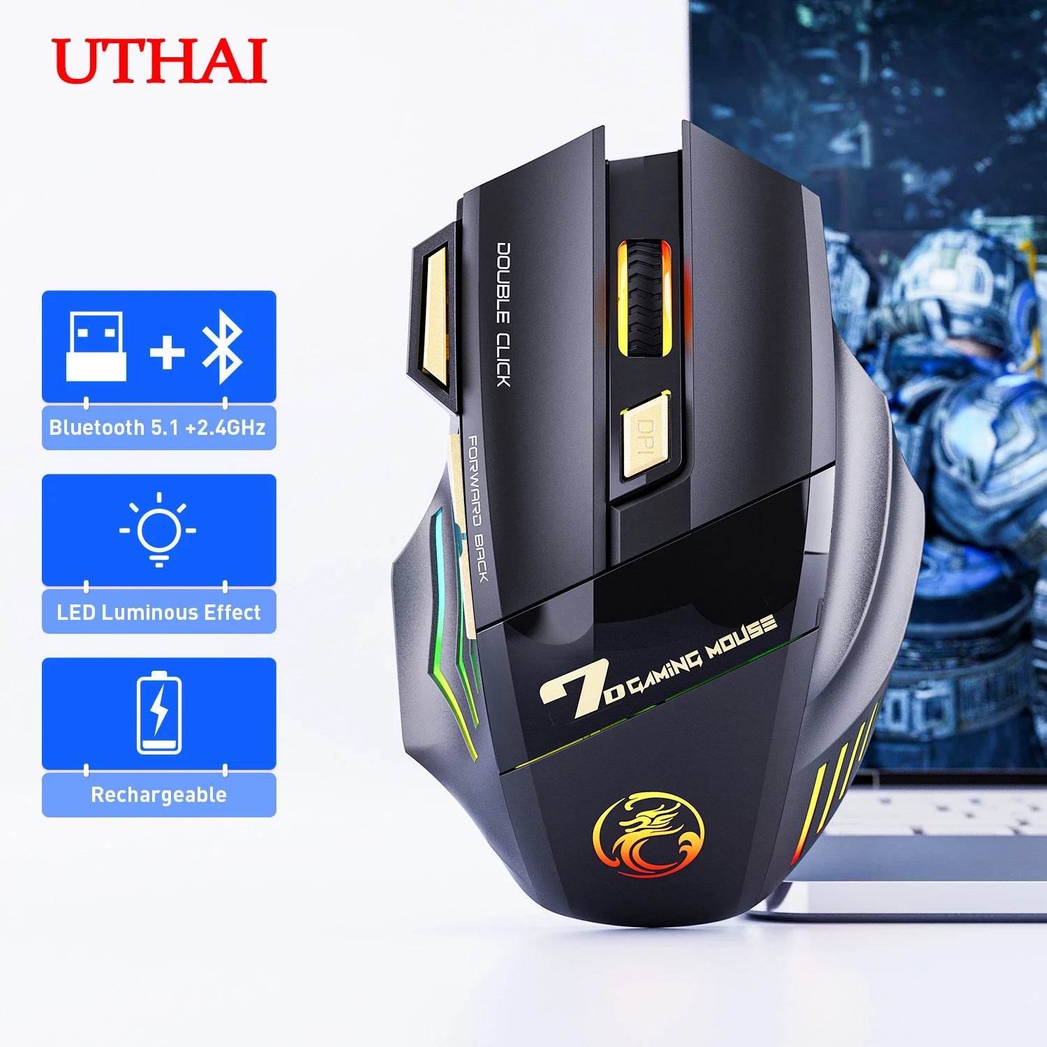 Mouse wireless UTHAI GW-X7 cu iluminare colorată - Venduqo