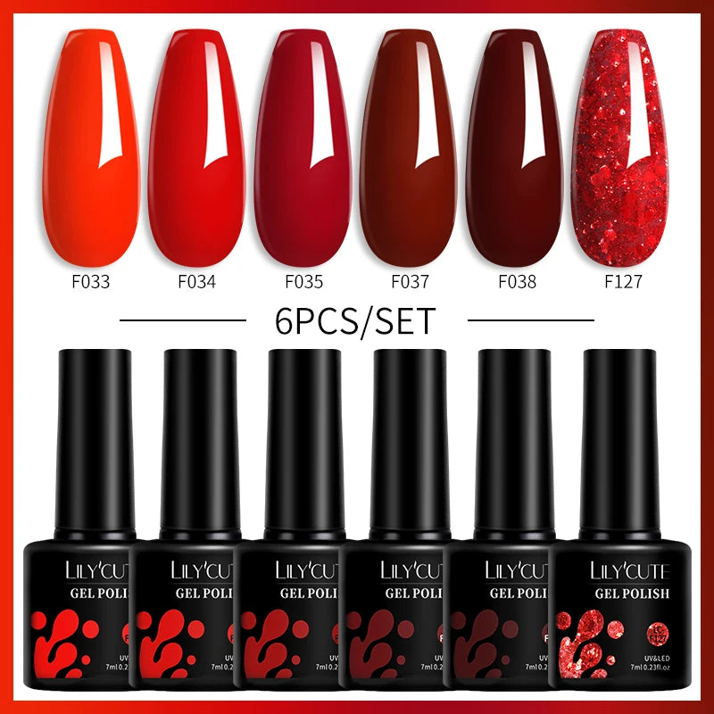 Set 6 Piese Oja Gel Termica LILYCUTE 7ML Serie Roșie