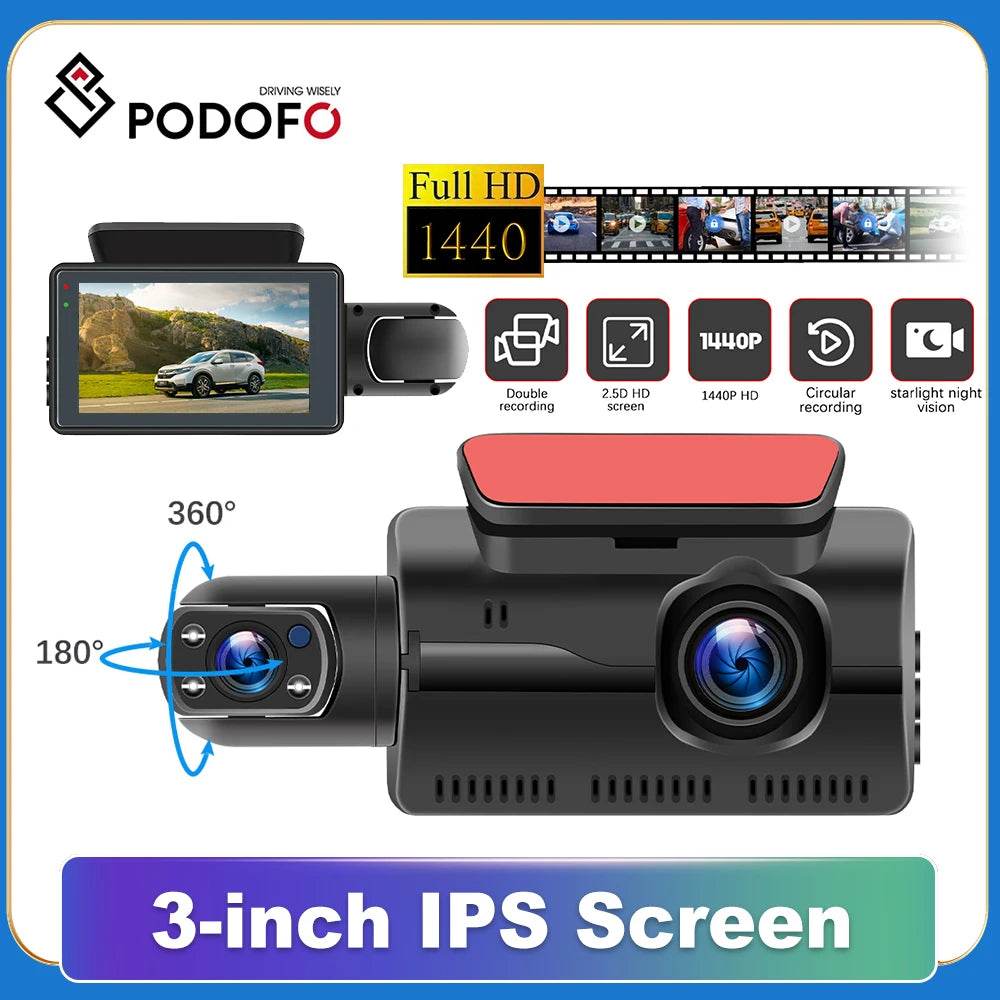 Podofo Camera Auto Dual Lens 3inch cu Noapte si Reversare - Venduqo