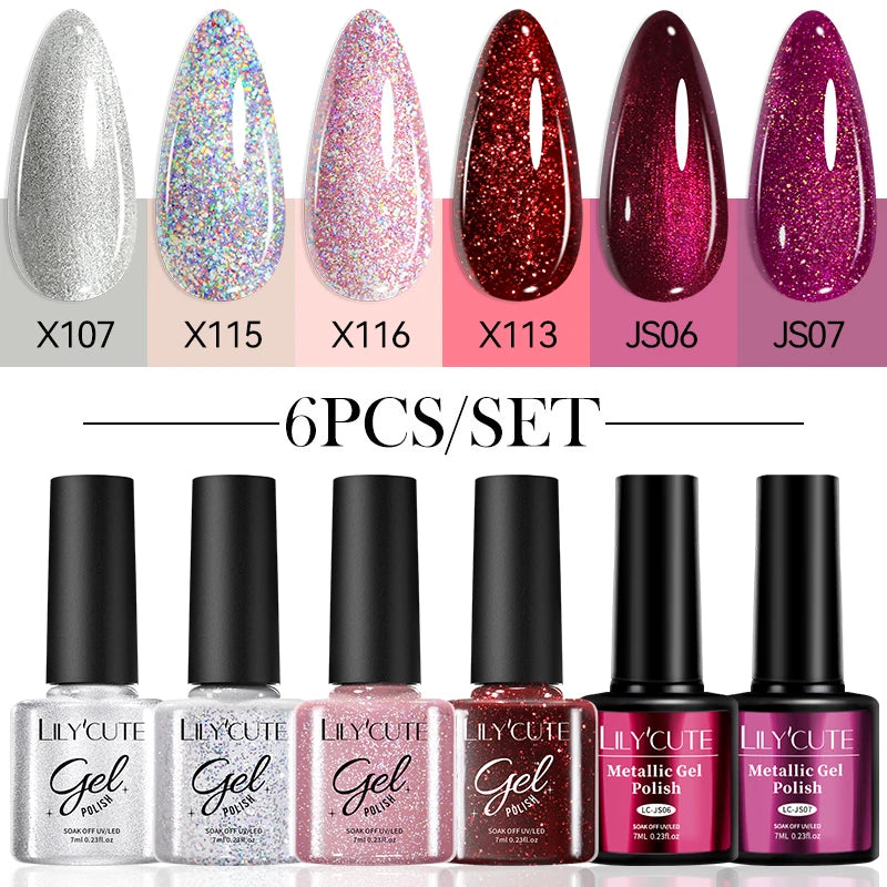 LILYCUTE 6PCS/SET Oja Semipermanentă Glitter Roșie și Argintie