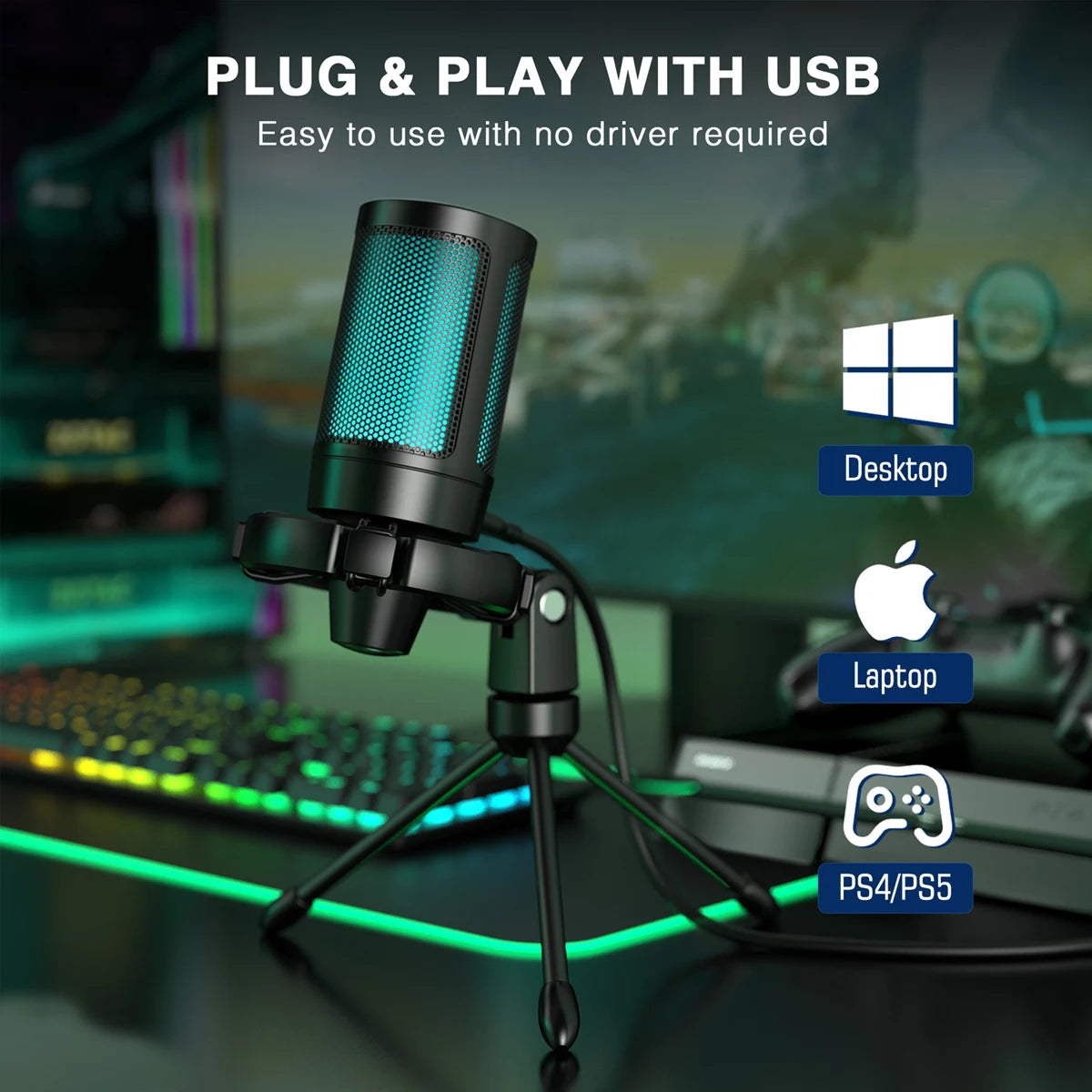 Microfon de Gaming RGB USB AmpliGame - Mute cu Atins Ușor, Tripod Inclus