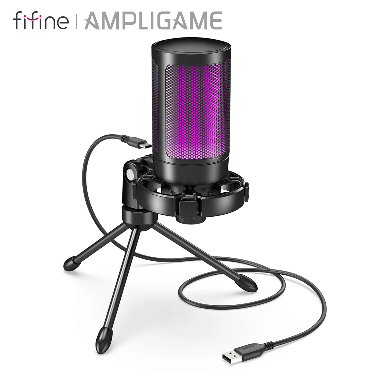 Microfon de Gaming RGB USB AmpliGame - Mute cu Atins Ușor, Tripod Inclus