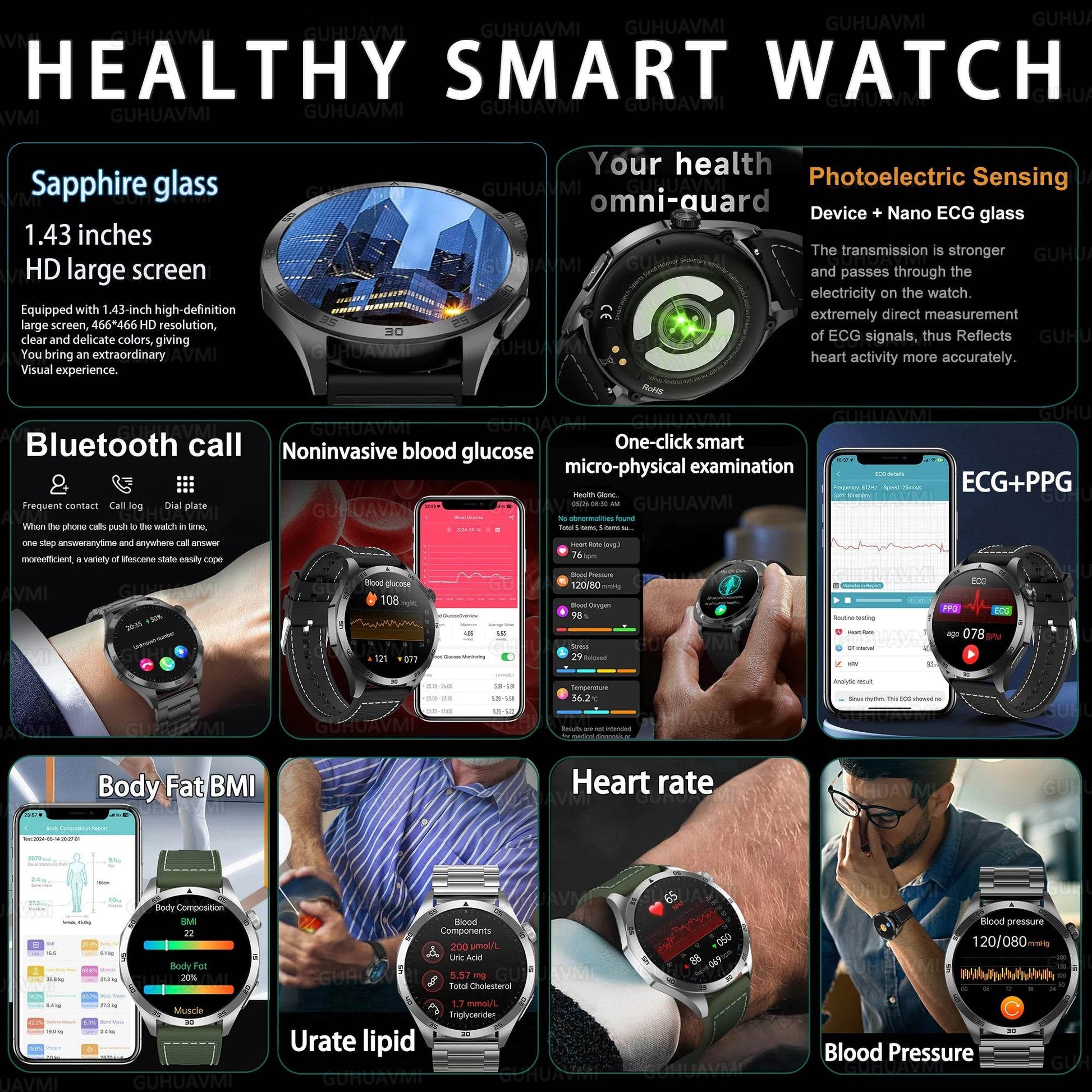 Ceas Smart ECG+PPG Uric Acid & Glucose Monitoring 2025 - Venduqo