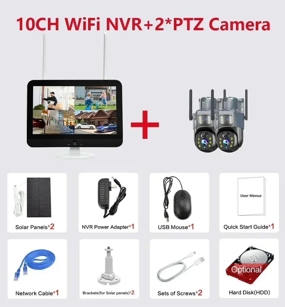 Camera Solar PTZ 4K Wifi cu Două Obiective și Monitor LCD 12.5"