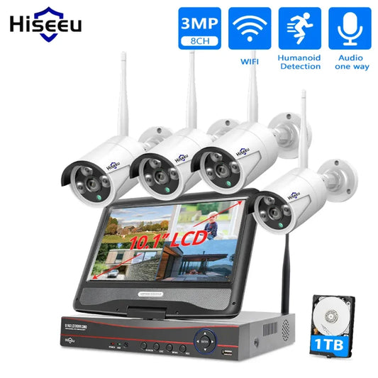 Kit de camere de securitate wireless Hiseeu 10CH cu monitor de 10.1"
