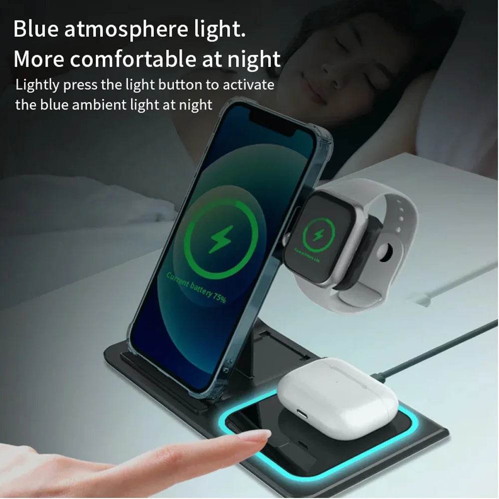 Stație de Încărcare Wireless 3 în 1 cu LED pentru iPhone și Apple Watch - Venduqo