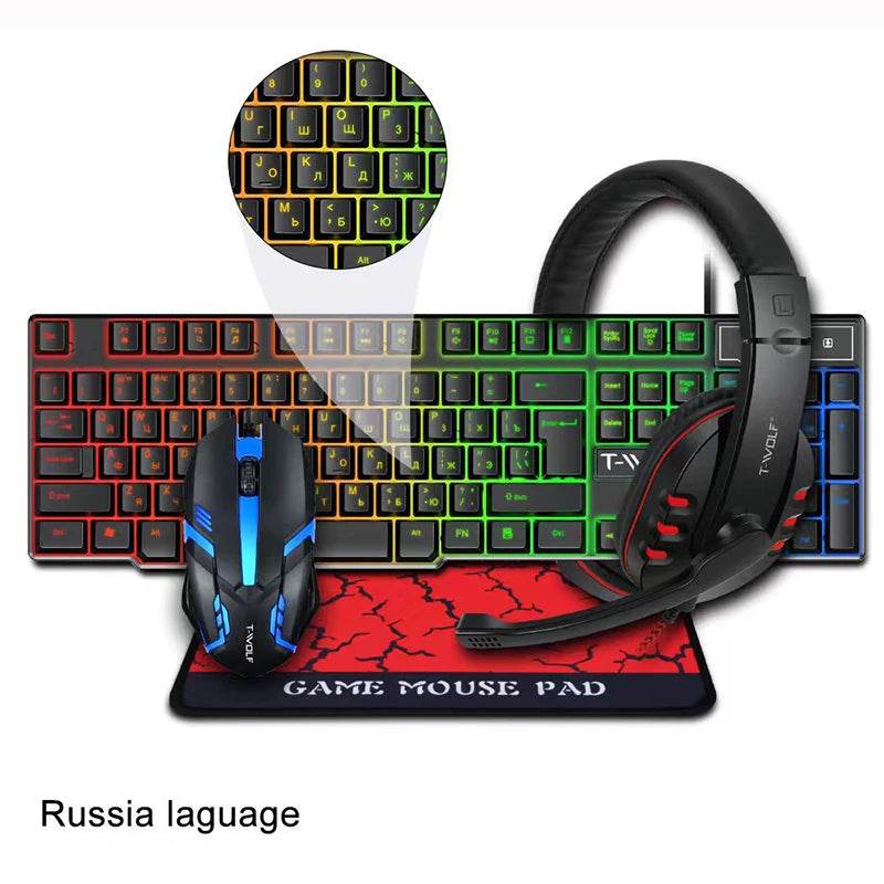 Set Gaming 4 în 1 Oulylan T-WOLF - Tastatură, Mouse, Headset, Mouse Pad - Venduqo