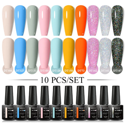 Set 10 Piese Oja Gel Semi Permanent Nude Roz Alb Glitter