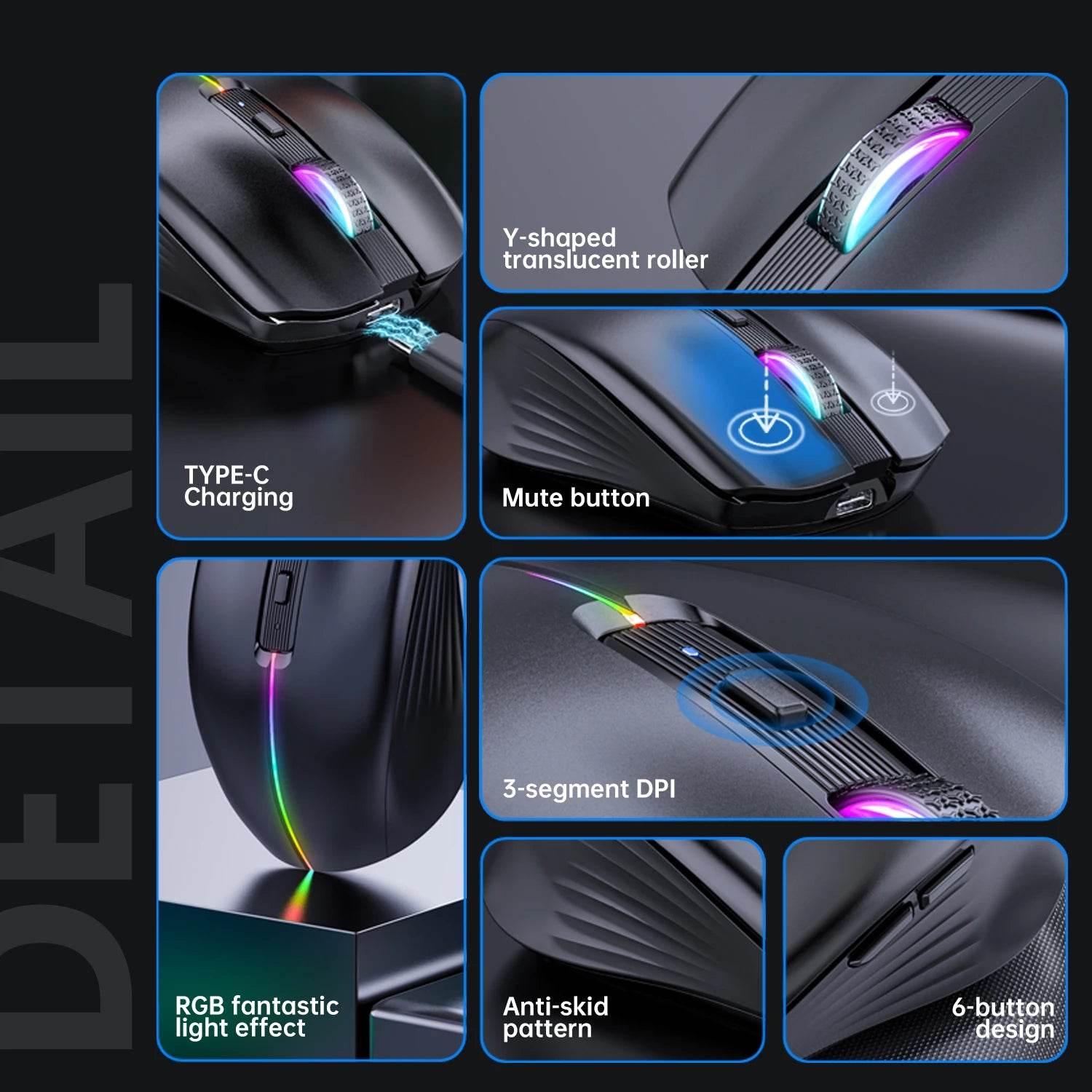 Mouse Wireless Dual-mode Reîncărcabil cu Buton Mute RGB 1600 DPI - Venduqo
