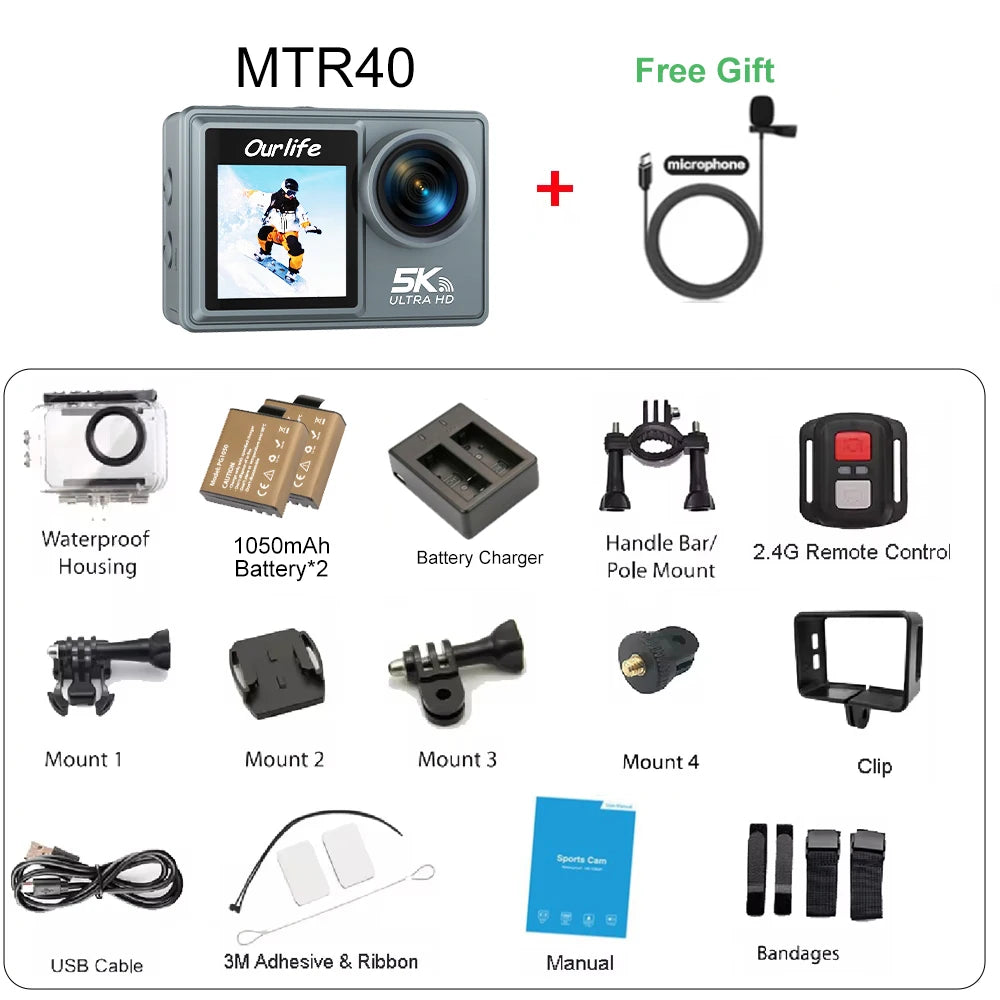 Cameră de acțiune Ourlife MTR40 5K cu ecran tactil de 2" și zoom 5x