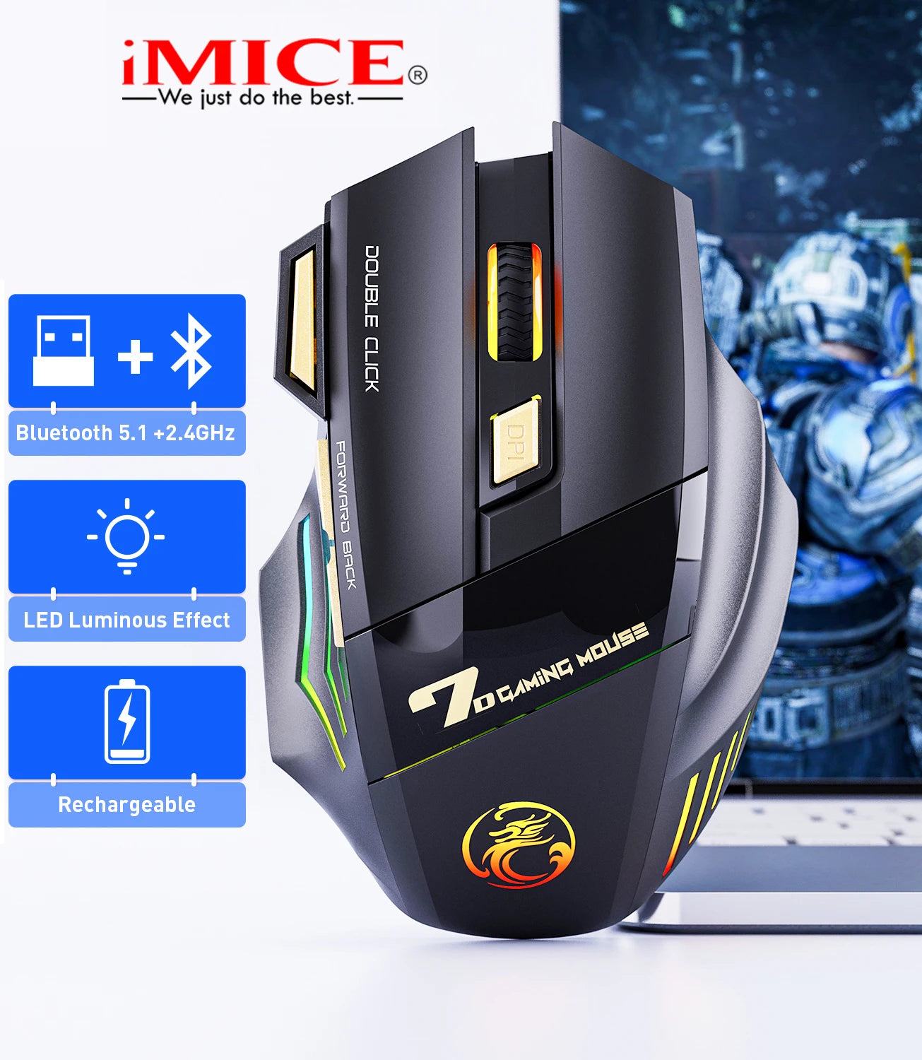 Mouse Wireless Reîncărcabil pentru Gaming Ergonomic 3200 DPI