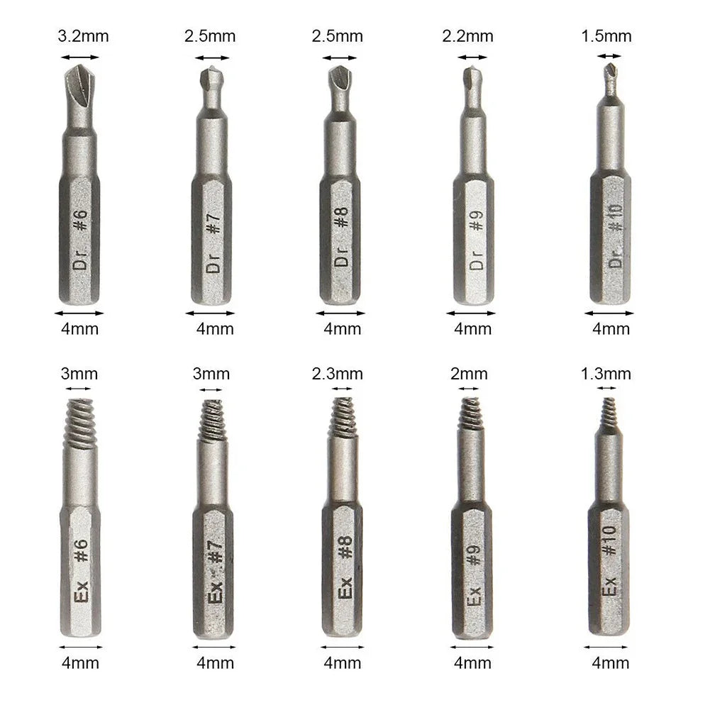 Set de 10 Extractoare de Șuruburi Deteriorate 4mm/6.35mm