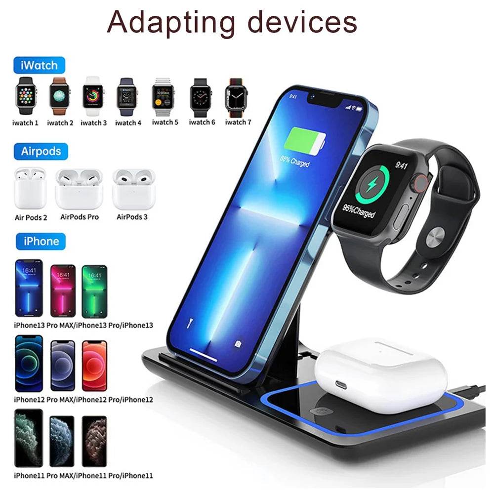 Stație de Încărcare Wireless 3 în 1 cu LED pentru iPhone și Apple Watch - Venduqo
