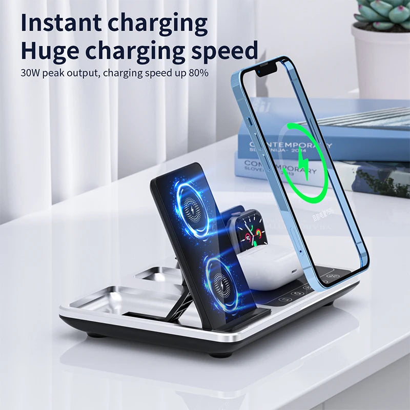 Încărcător Wireless 3 în 1 cu Stand și Lumină pentru iPhone, Apple Watch și AirPods