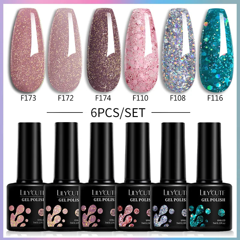 Set 6Pcs Oja Semipermanenta Glitter Roz Argintie LILYCUTE