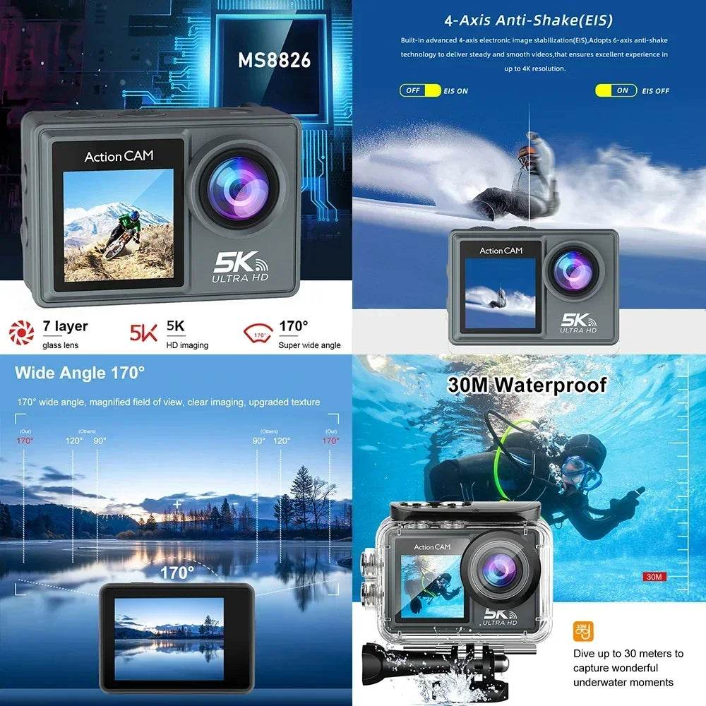 Cameră de Acțiune 5K 4K60FPS cu Ecran IPS Touch LCD și Microfon - Venduqo
