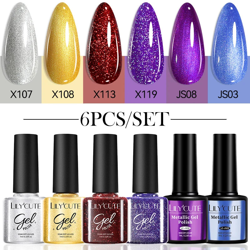 LILYCUTE 6PCS/SET Oja Semipermanentă Glitter Roșie și Argintie