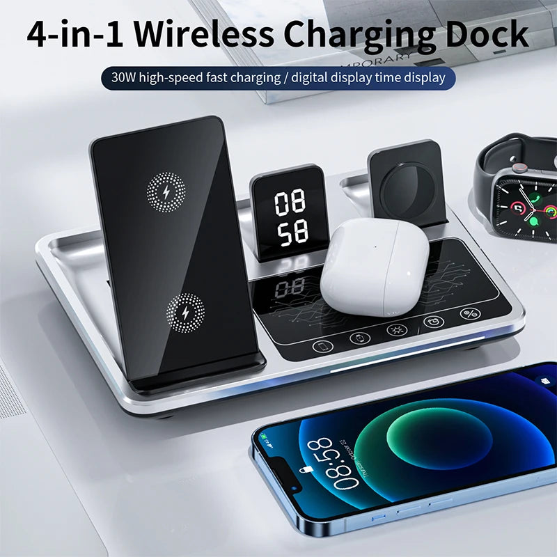 Încărcător Wireless 3 în 1 cu Stand și Lumină pentru iPhone, Apple Watch și AirPods