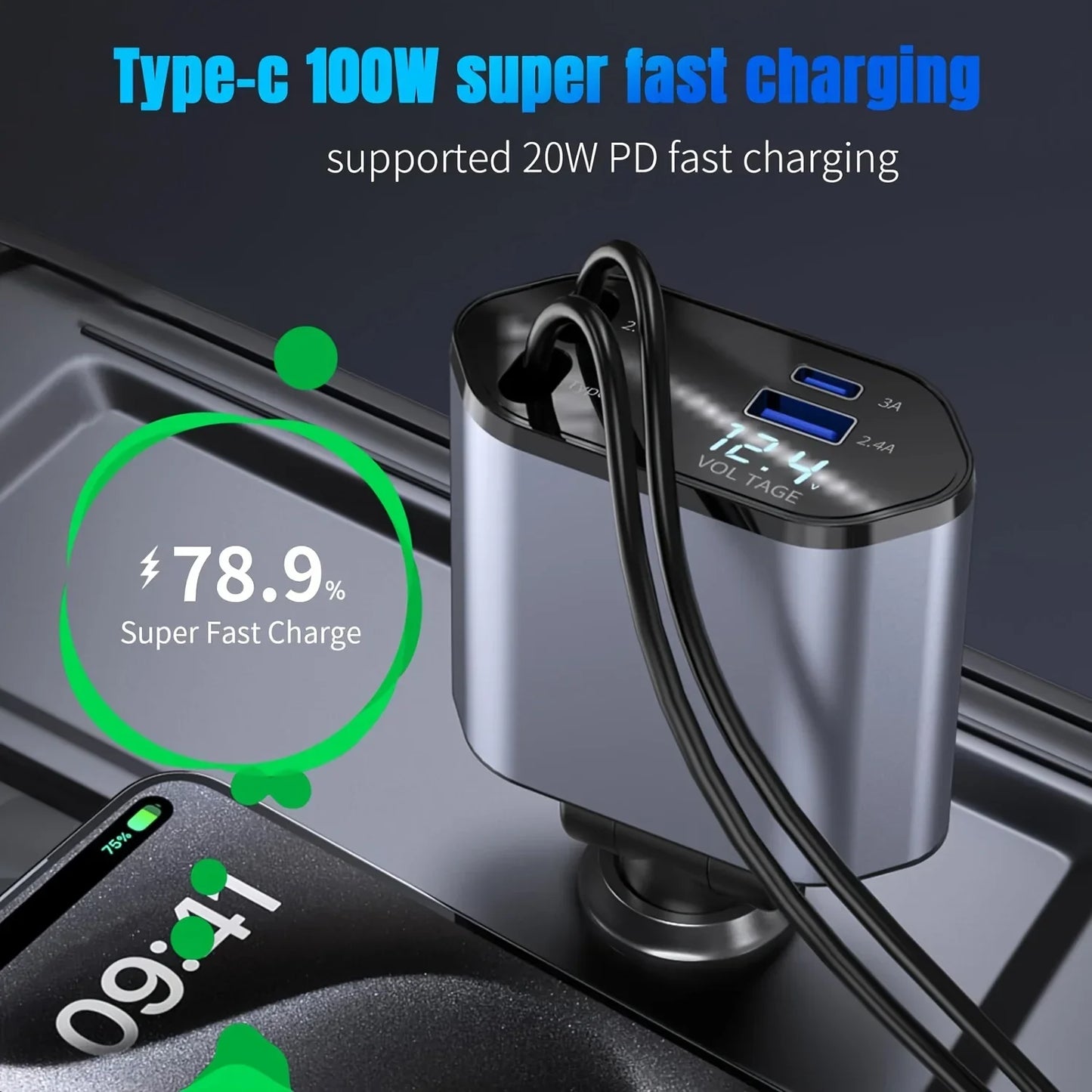 Încărcător Auto 4 în 1 120W cu Cablu Retractabil USB Type-C