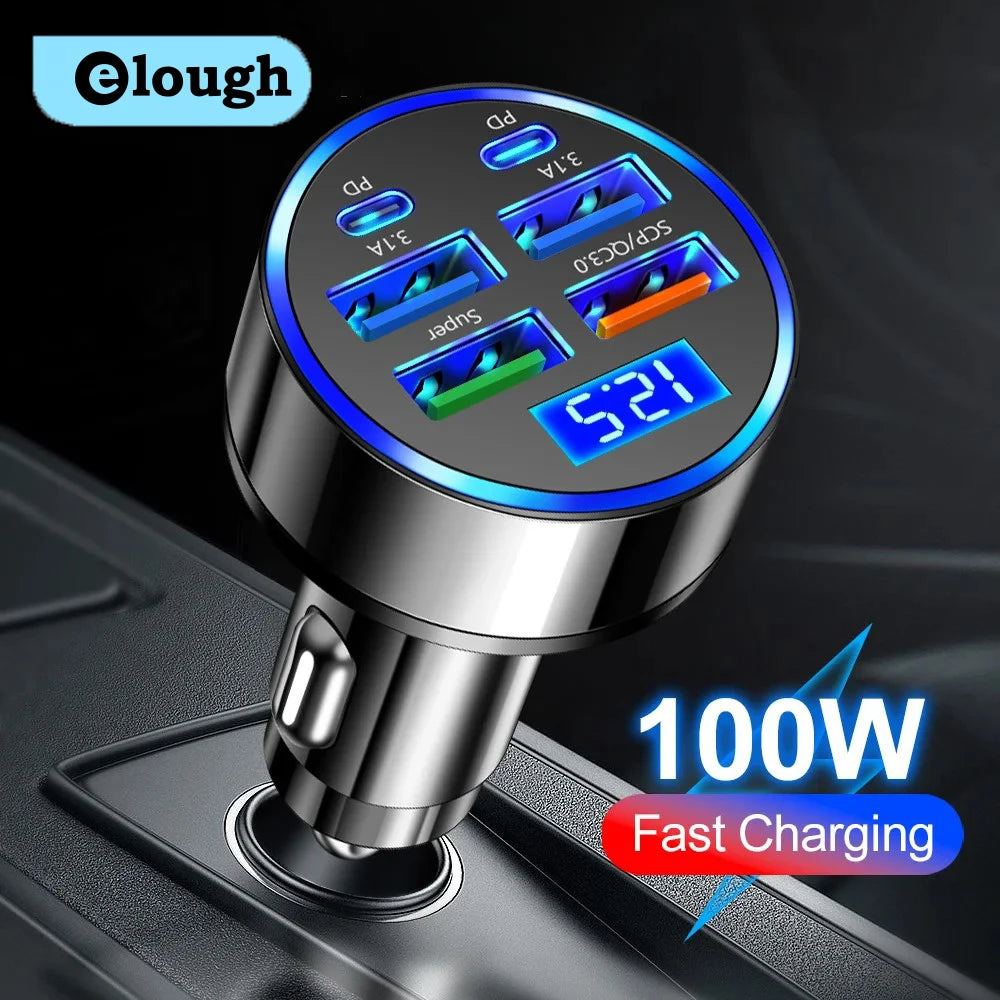 Încărcător Auto Rapid 100W cu 6 Porturi USB-C și QC3.0