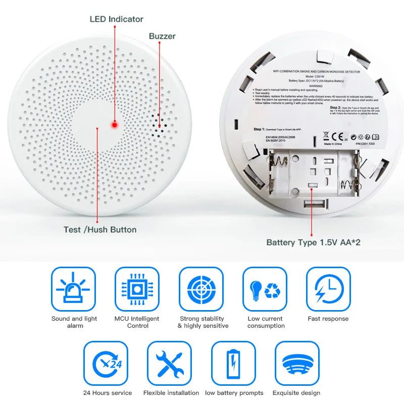 Detector Ultra Subțire 2 în 1 CO & Fum WiFi Tuya