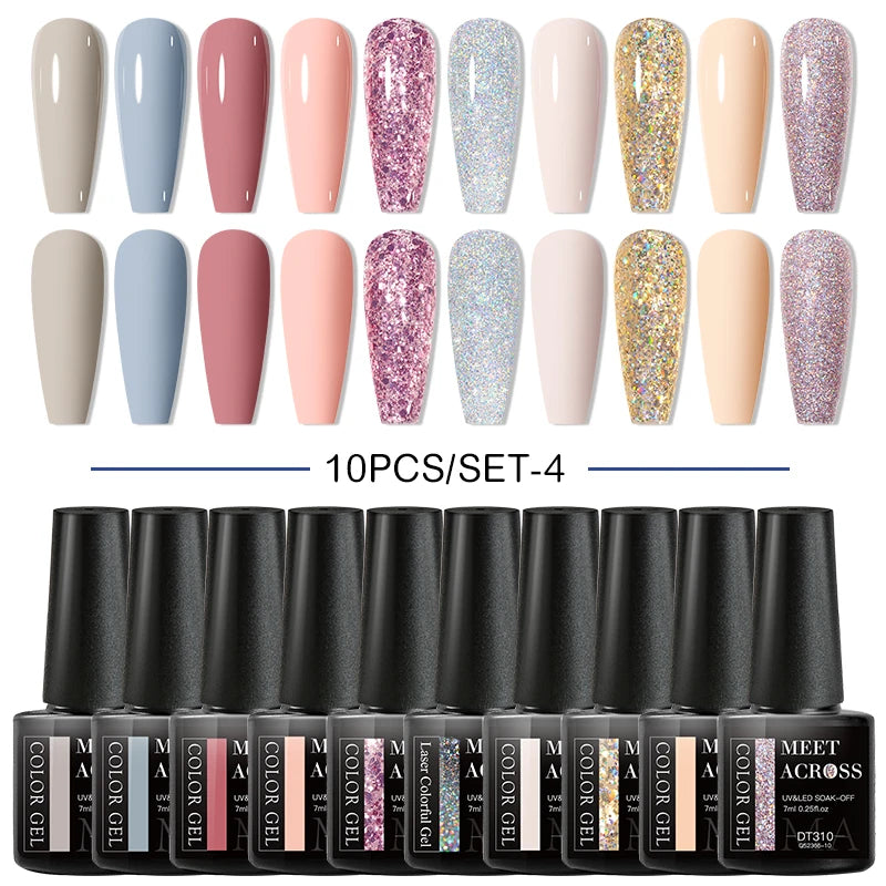 Set 10 Piese Oja Gel Semi Permanent Nude Roz Alb Glitter