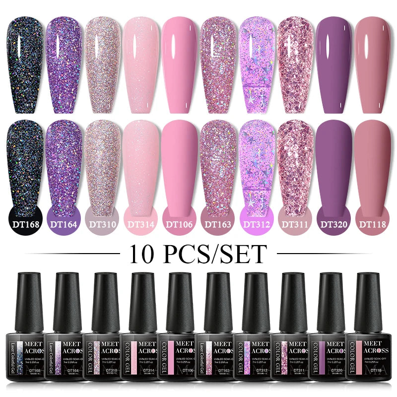 Set 10 Piese Oja Gel Semi Permanent Nude Roz Alb Glitter