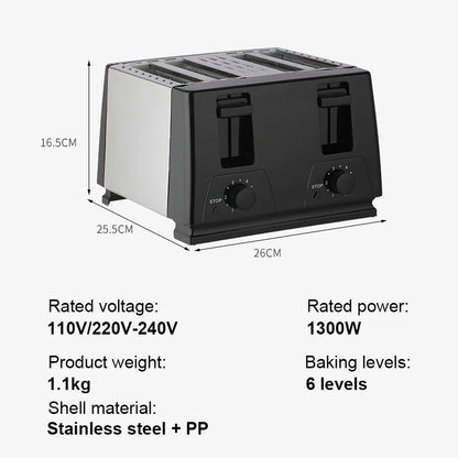 Prăjitor de pâine electric cu 4 felii din oțel inoxidabil