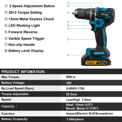 Gisam 65N.m 13MM 35+3 Dragă Perforator Electric Fără Fir