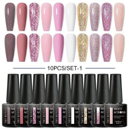 Set 10 Piese Oja Gel Semi Permanent Nude Roz Alb Glitter