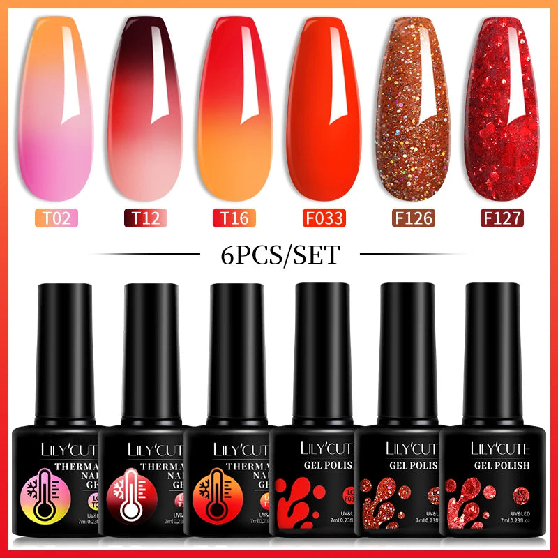 Set 6 Piese Oja Gel Termica LILYCUTE 7ML Serie Roșie