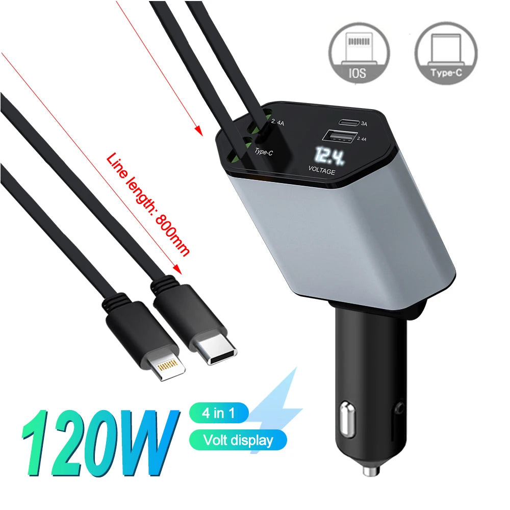 Adaptor Încărcător Auto 120W USB Tip C cu Cablu Retractabil