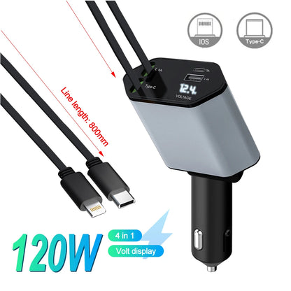 Adaptor Încărcător Auto 120W USB Tip C cu Cablu Retractabil