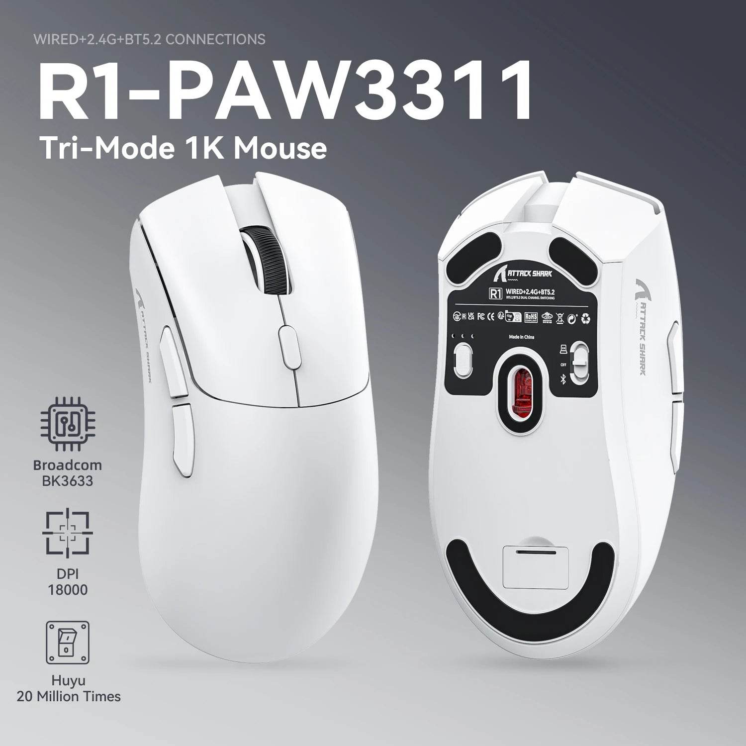 Mouse gamer wireless Attack Shark R1, 18000 DPI, Bluetooth - Venduqo