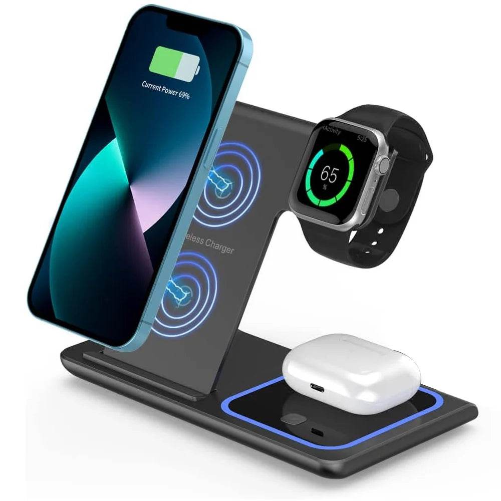 Stație de Încărcare Wireless 3 în 1 cu LED pentru iPhone și Apple Watch - Venduqo