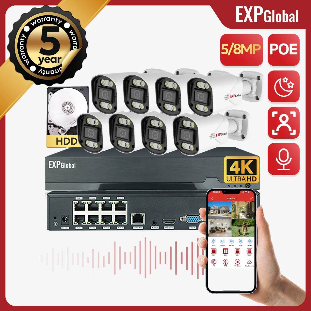 Sistem de Securitate EXPGobal 8MP/5MP POE - Camere Exterioare - Venduqo