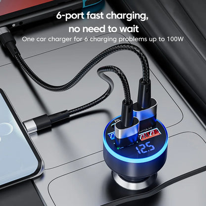 Încărcător Auto Rapid 100W cu 6 Porturi USB-C și QC3.0