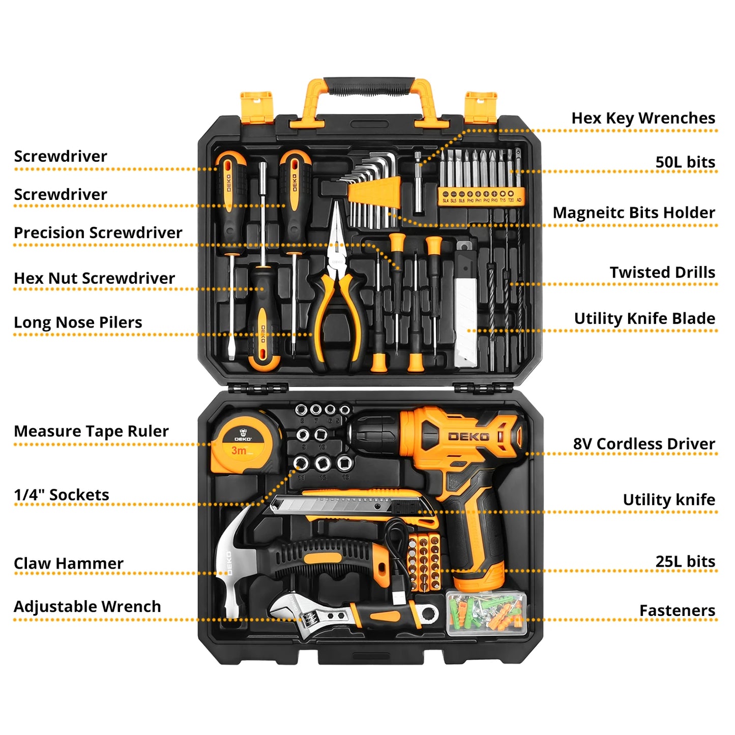 Kit Combinație Unelte DEKO DKMT126 cu Bormasina Fără Fir de 8V