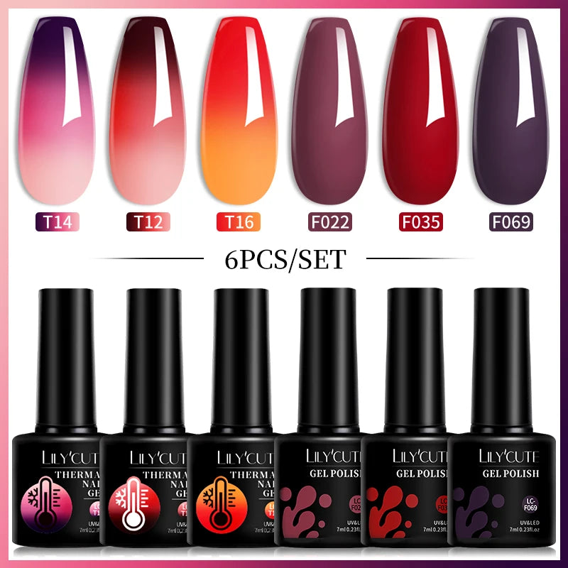 Set 6 Piese Oja Gel Termica LILYCUTE 7ML Serie Roșie