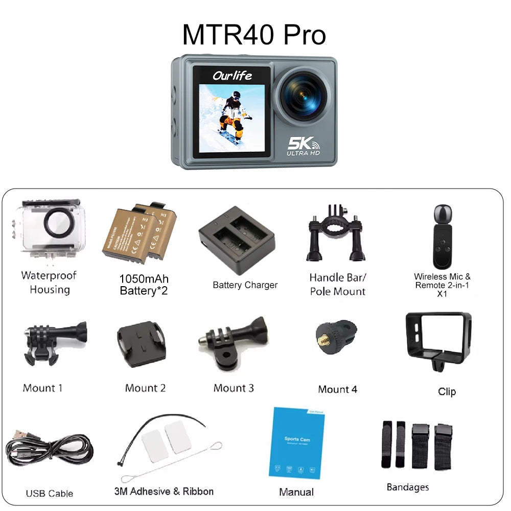 Cameră de acțiune Ourlife MTR40 5K cu ecran tactil de 2" și zoom 5x
