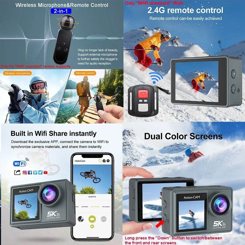 Cameră de Acțiune 5K 4K60FPS cu Ecran IPS Touch LCD și Microfon - Venduqo