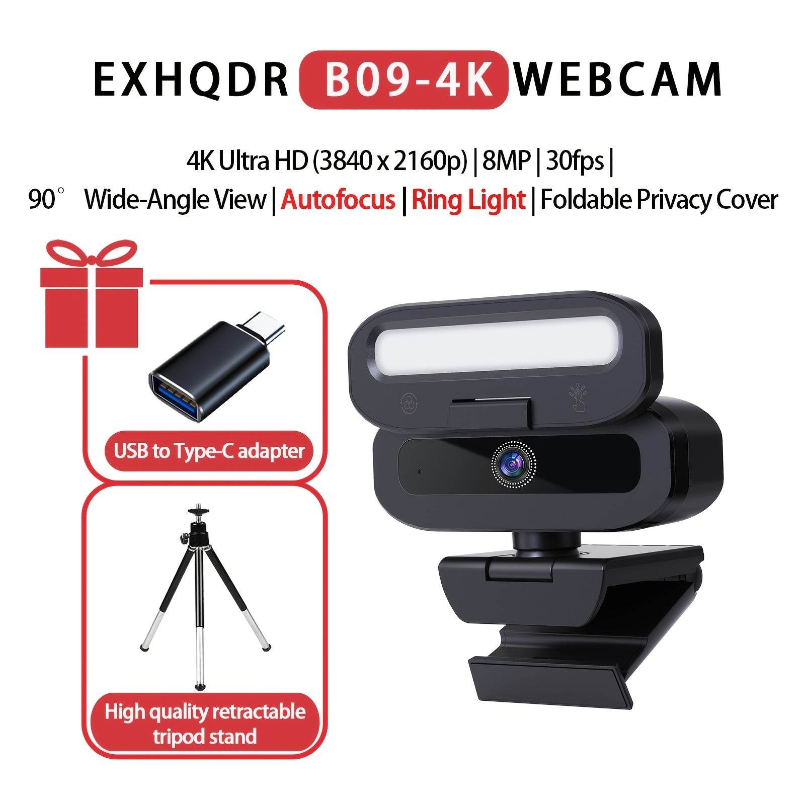 Webcam 4K Ultra HD EXHQDR cu Lumini Reglabile si Microfon - Venduqo